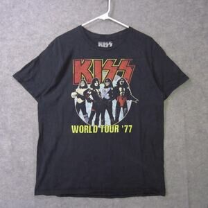 KISS World Tour 77 Shirt Mens Large Black Band Graphic Rock Music Tee Concert